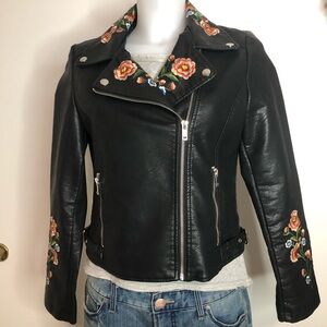 Floral Embroidered Black Leather Jacket